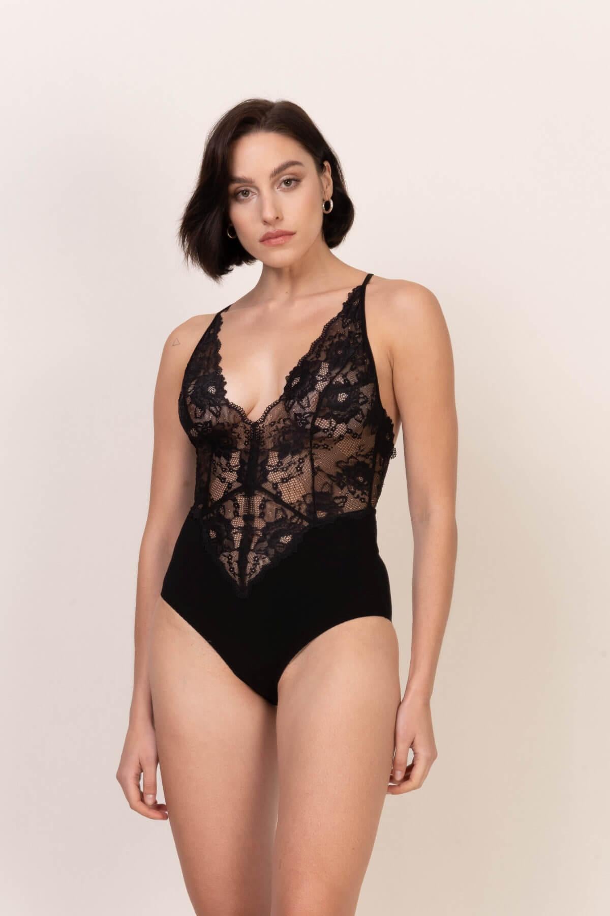 Stars Lace Strappy Bodysuit – Black