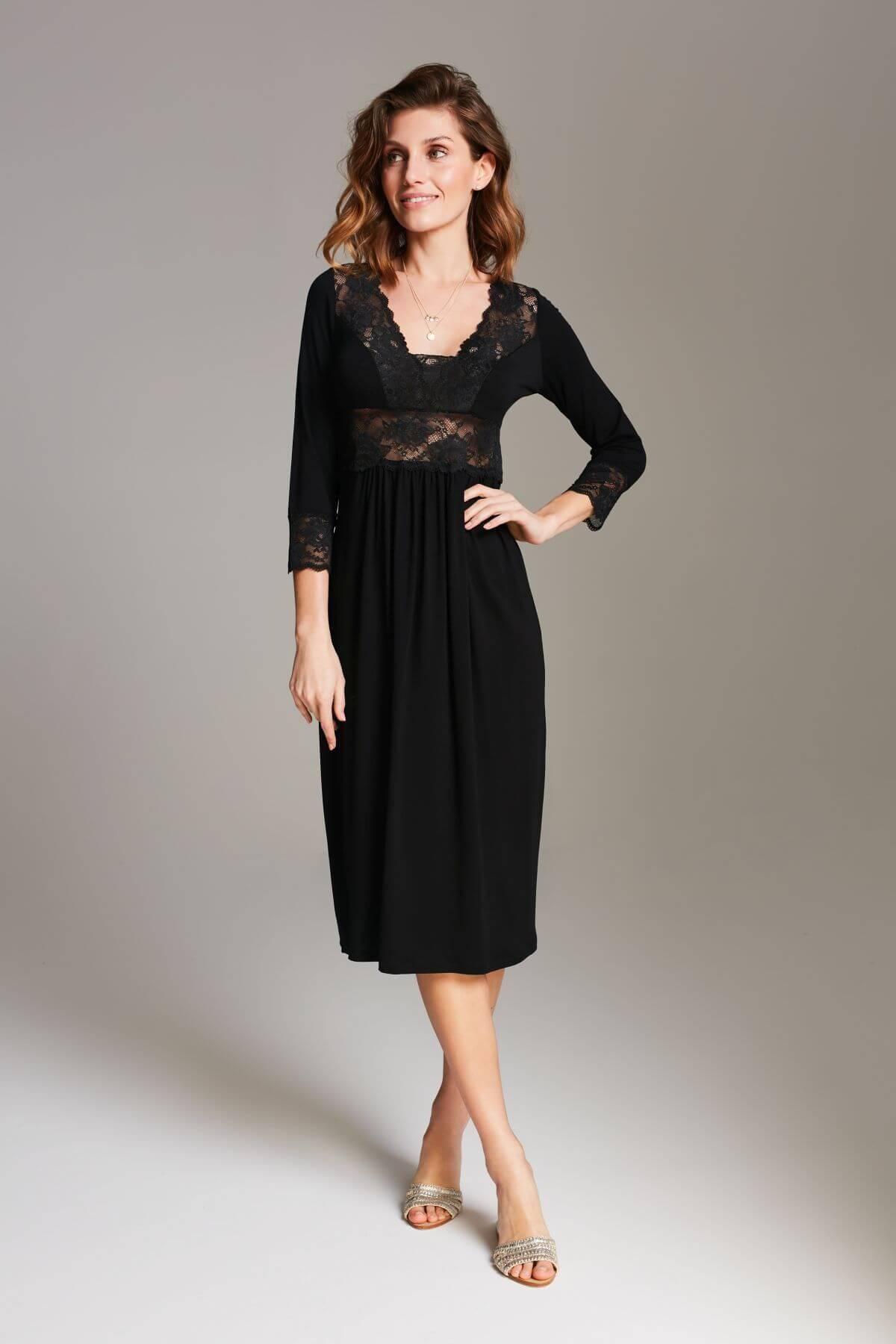 Stars Lace Midi Nightgown – Black