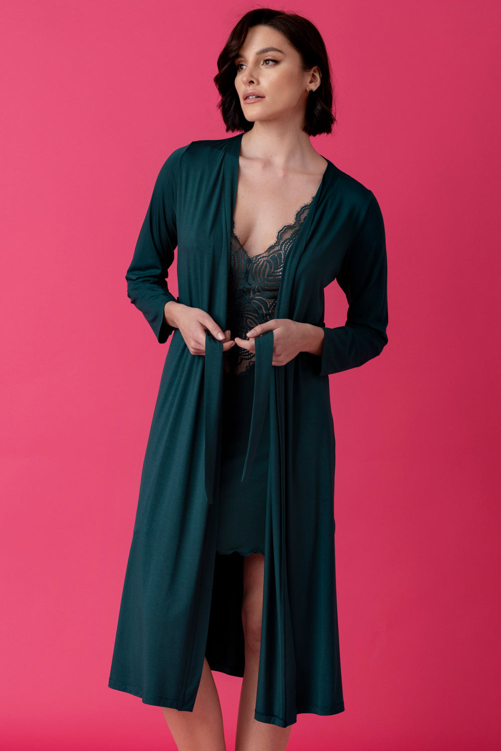 Stars wiskozowy peniuar midi – ciemna butelkowa zieleń