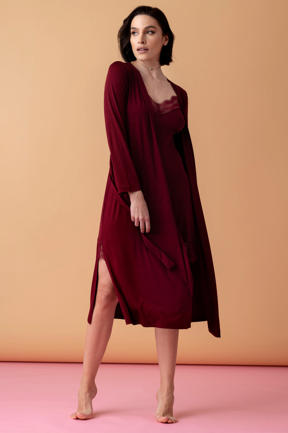 Stars wiskozowy peniuar midi – czerwone wino