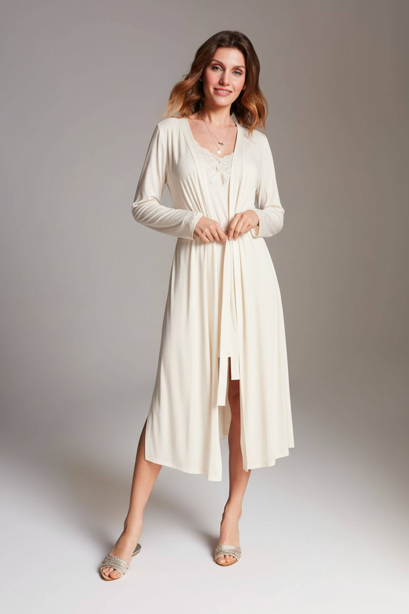 Stars wiskozowy komplet koszulka nocna i peniuar midi Oh!Zuza – kremowy