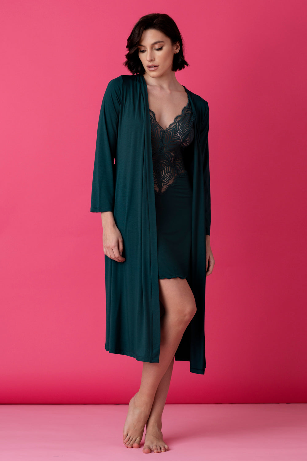 Stars wiskozowy peniuar midi – ciemna butelkowa zieleń_3