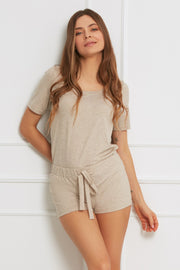 Loungewear szorty z Tencelu z troczkami - beżowy melanż