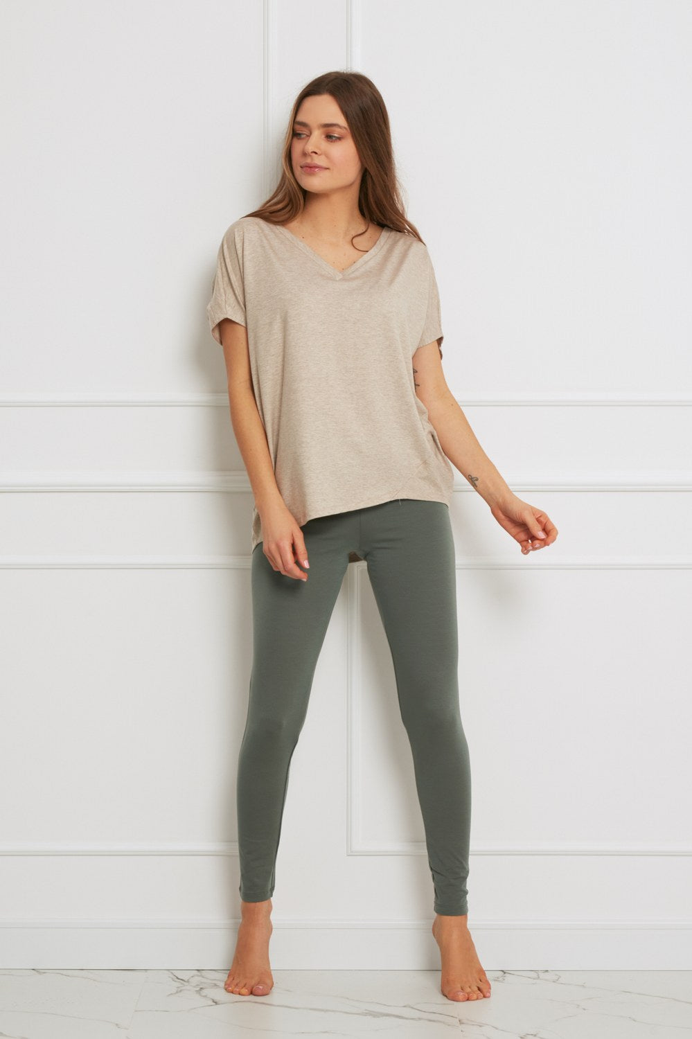 Loungewear top oversize z Tencelu - beżowy melanż