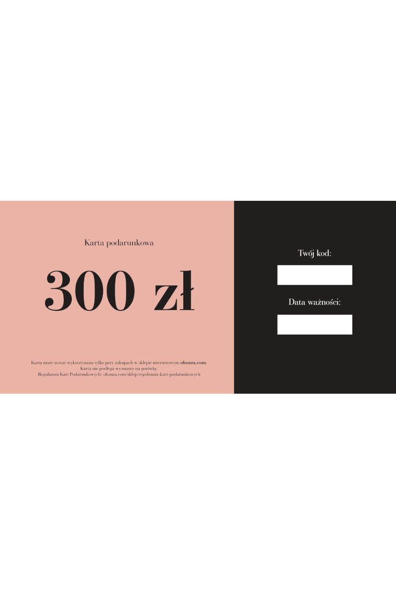 Różowo-czarna Karta podarunkowa - 300 zł z miejscem na kod i data ważności po prawej. Idealny prezent do wykorzystania w sklepie internetowym. Tekst po polsku wyjaśnia zasady użycia.